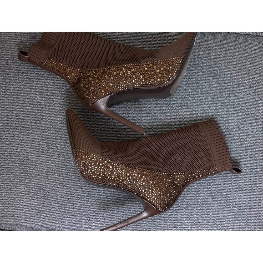 Steve Madden Vynce Brown Rhinestone Sock Boots Stiletto Pointed Toe Womens 9.5